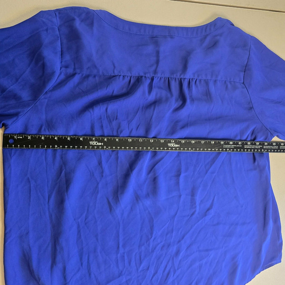 Torrid Blouse Women's 2X Blue V-Neck 1/4 Button Up Long Roll Tab Sleeves Ruffle - Picture 8 of 15